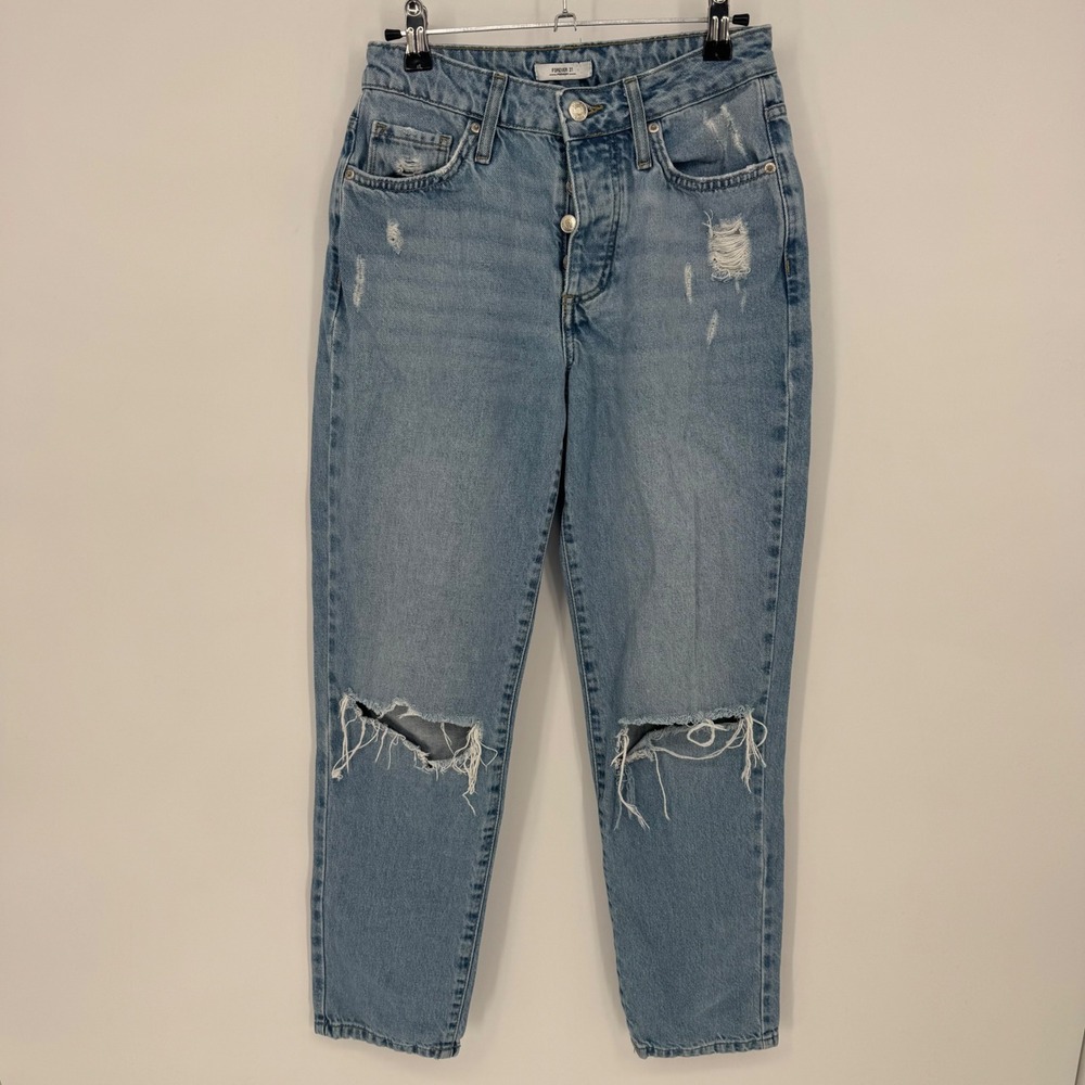 Forever 21 Women Light Distressed Button Fly Ripped Boyfriend Jeans Size 24